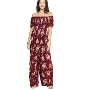 Xhilaration Short Sleeve Off Shoulder Smocked Top Jumpsuit Floral Maroon Pink